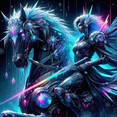 The primary subject of the image is a woman riding a horse. The woman is dressed in a futuristic outfit, and the horse is adorned with a colorful, light-up mane. The setting appears to be a futuristic or fantasy world, as the woman is depicted as a warrior or a princess. The visual style of the image is digital art, with a vibrant and colorful atmosphere.